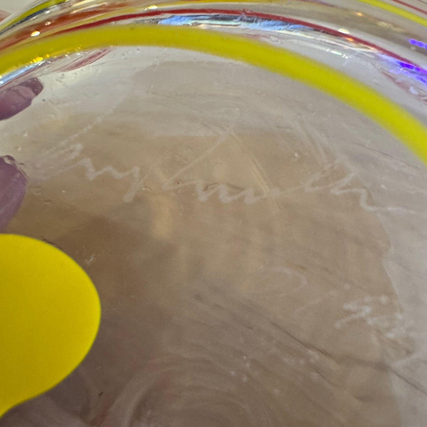 Signed Art Glass Bowl Red Yellow Swirl