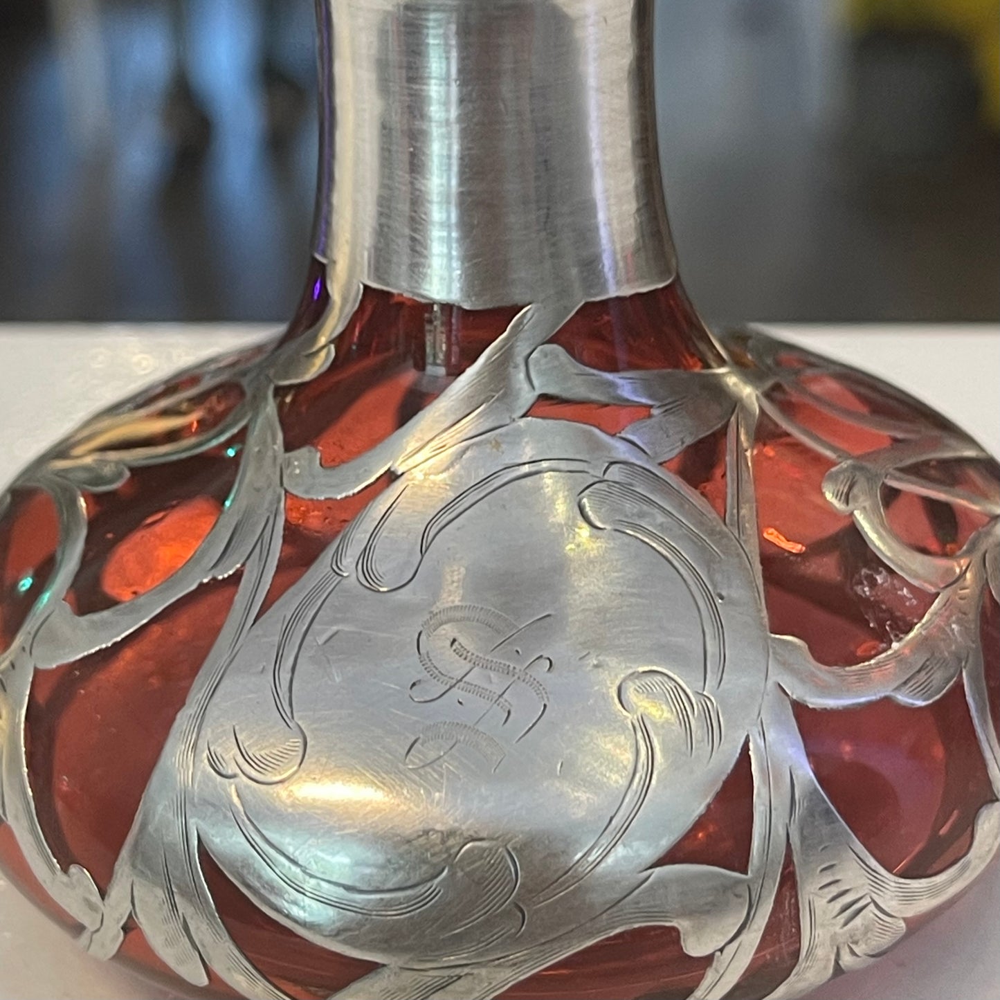 Art Noveau Sterling Silver and Cranberry Glass Perfume Bottle (Paris Hallmark)