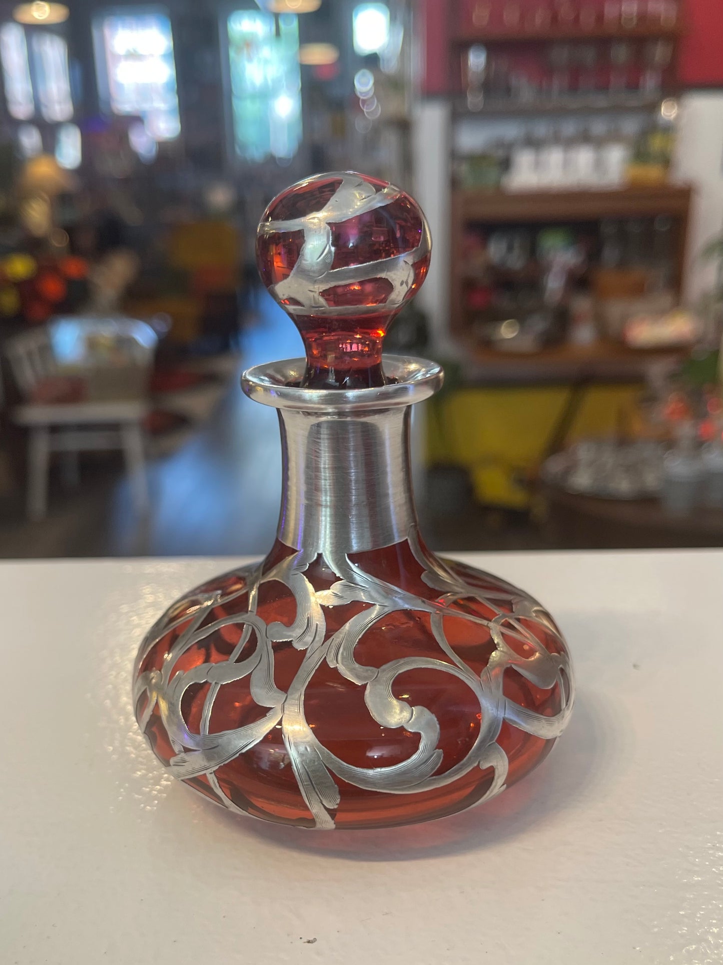 Art Noveau Sterling Silver and Cranberry Glass Perfume Bottle (Paris Hallmark)