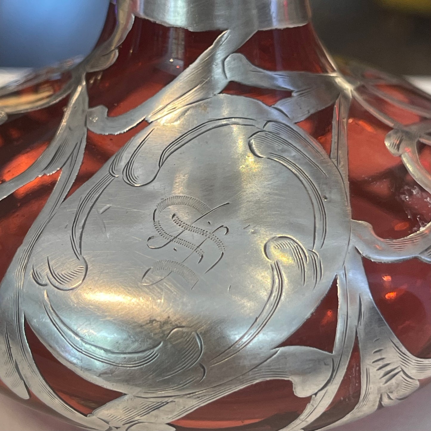 Art Noveau Sterling Silver and Cranberry Glass Perfume Bottle (Paris Hallmark)