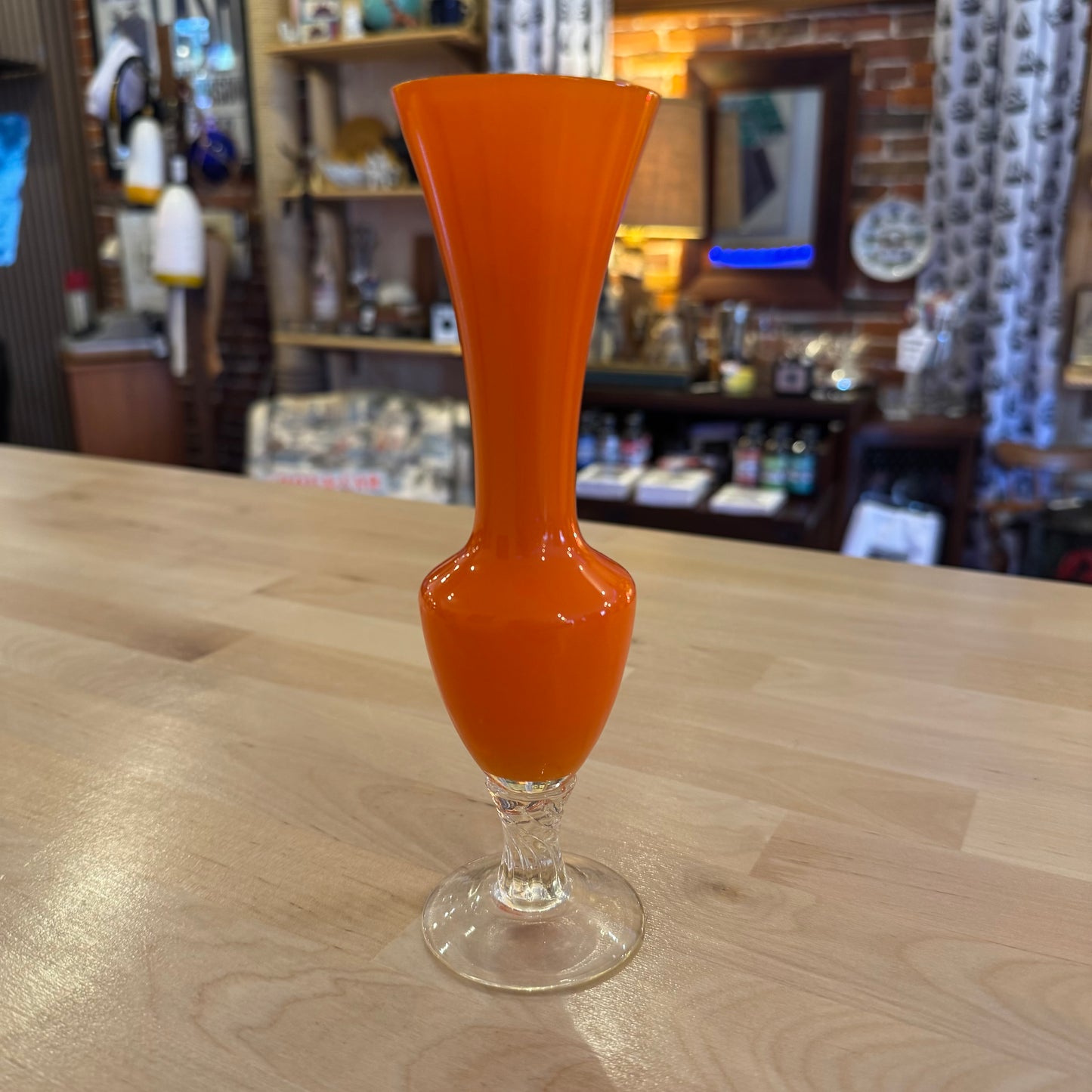Orange Glass Vase with Clear Bottom 7"