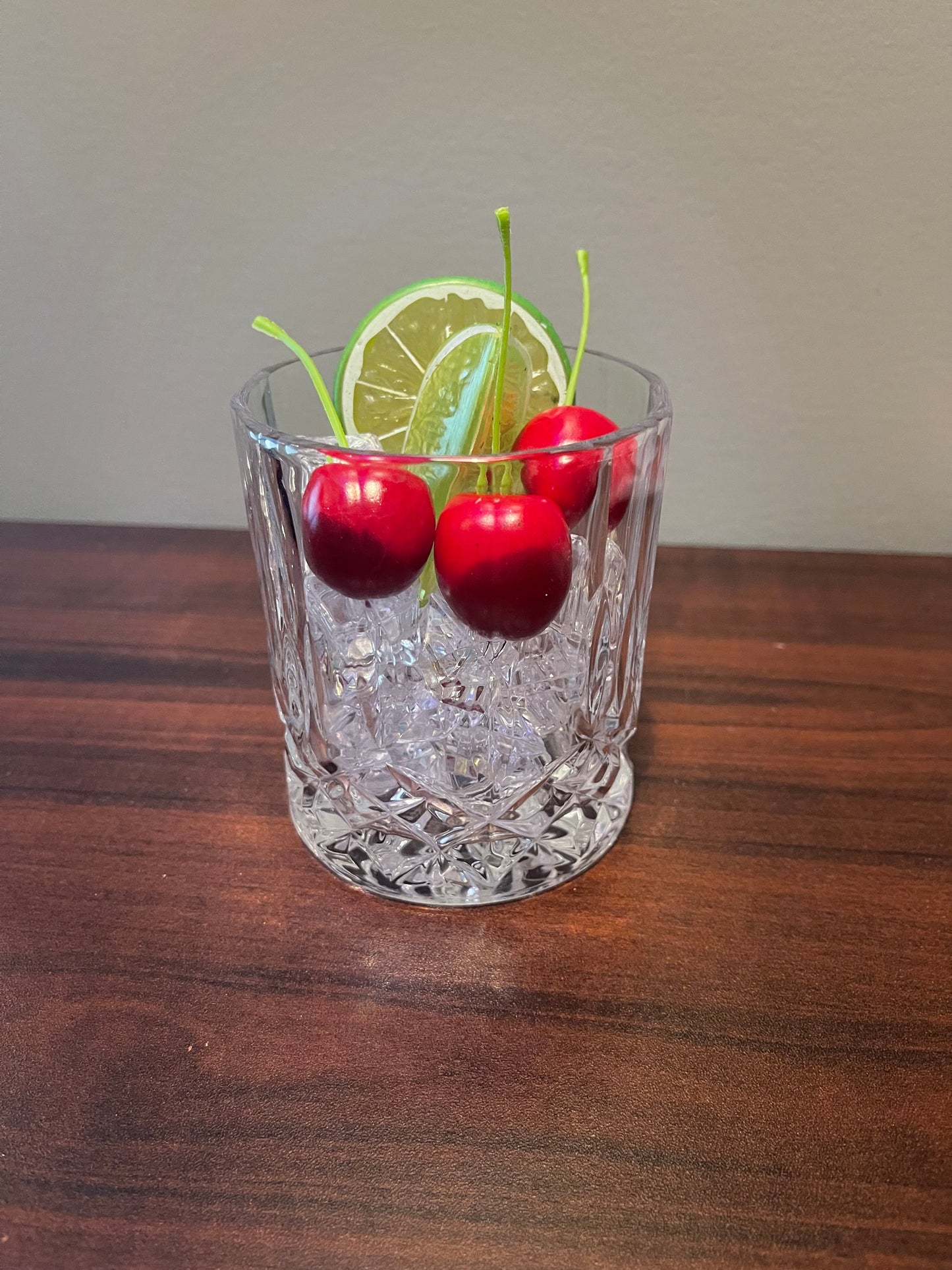 Rocks Glass with Faux Ice, Cherries and Limes
