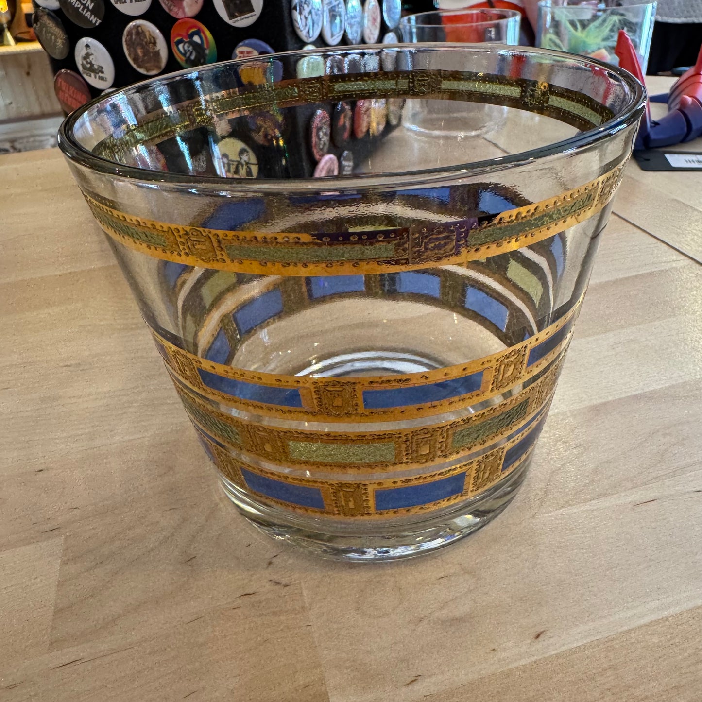 Mid Century Ice Bucket Glass Gold Blue/Green