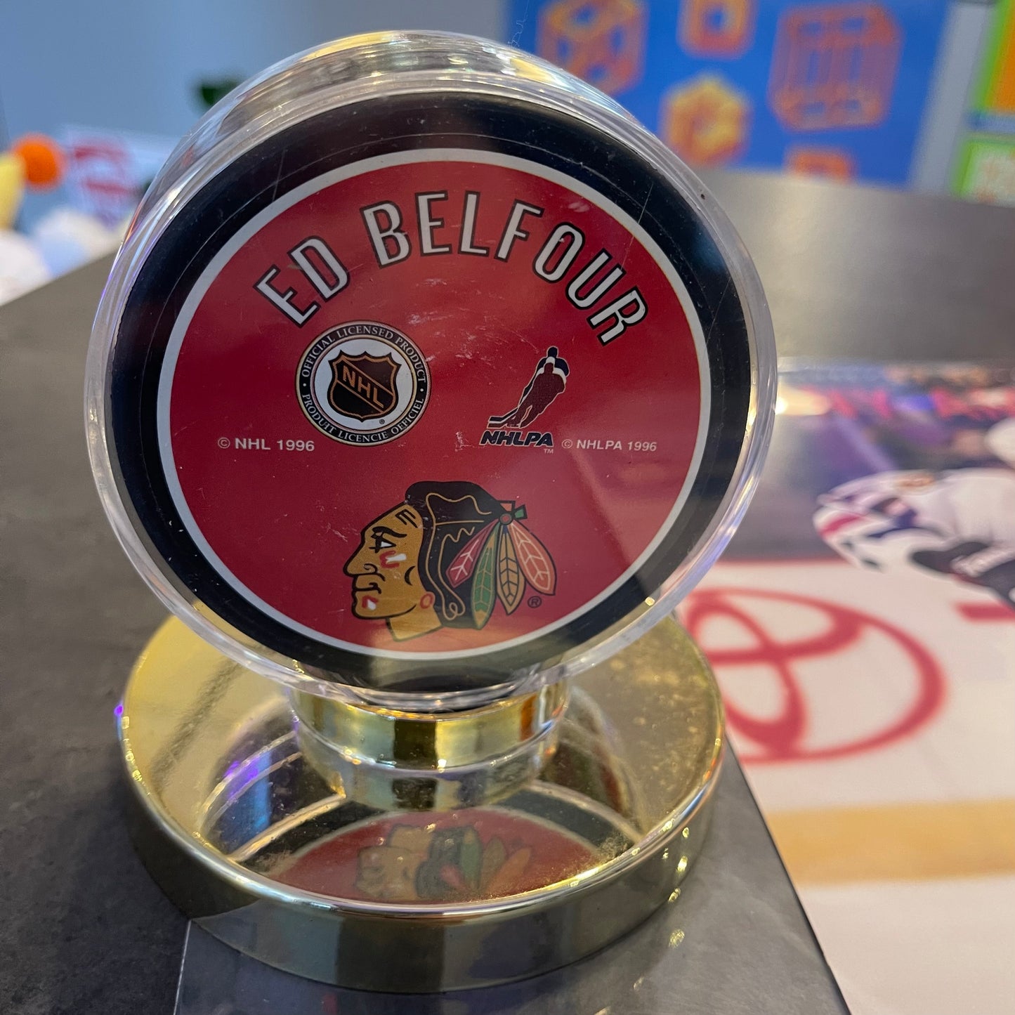 Blackhawks Belfour Puck and Almonte Autograph