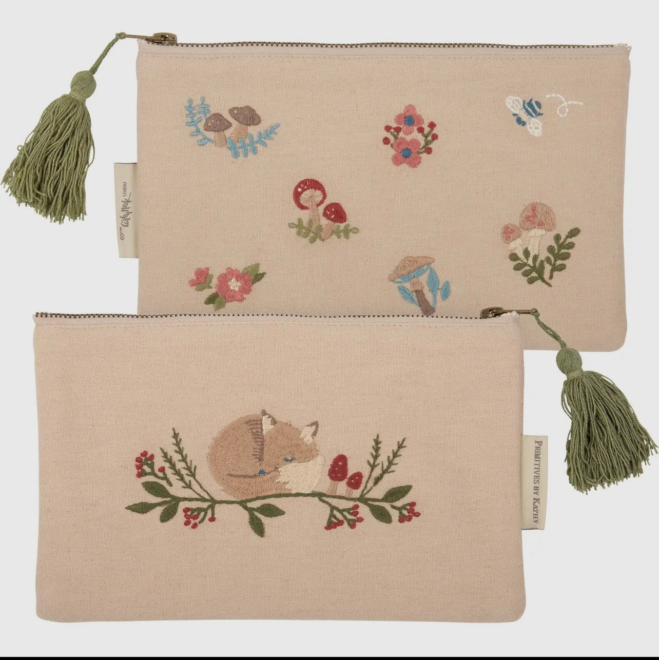 Fox and Mushroom Embroidered Zippered Pouch