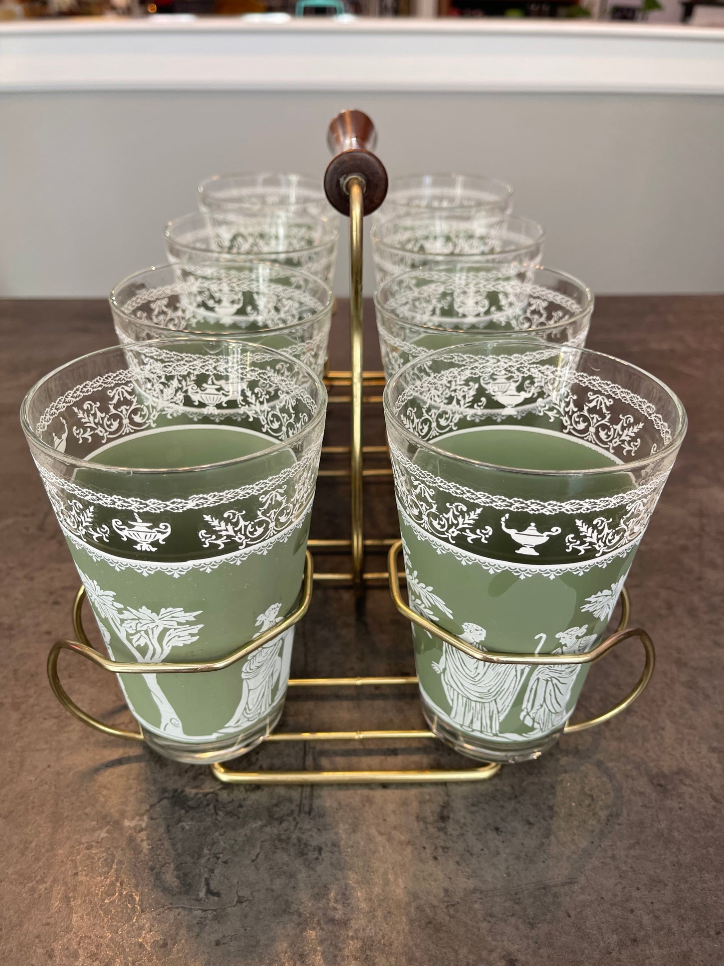 Jeanette Glass Hellenic Jasperware Set of 8 Glasses with Caddy