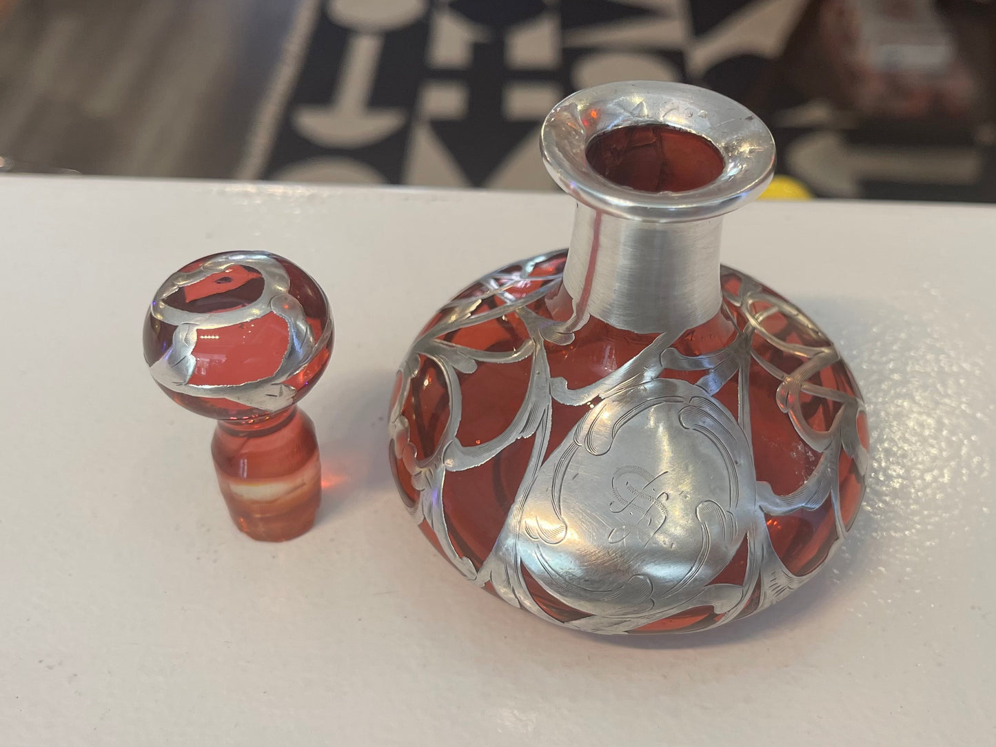 Art Noveau Sterling Silver and Cranberry Glass Perfume Bottle (Paris Hallmark)