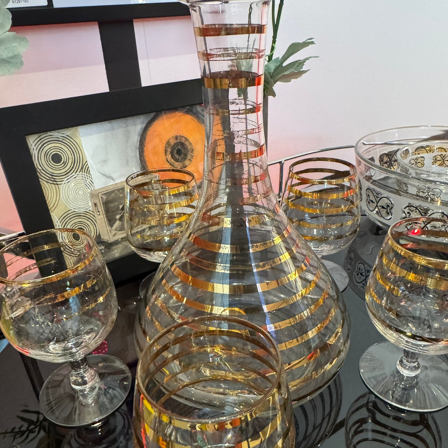 Vintage Gold Striped Decanter and 6 Cognac Stem Glasses.