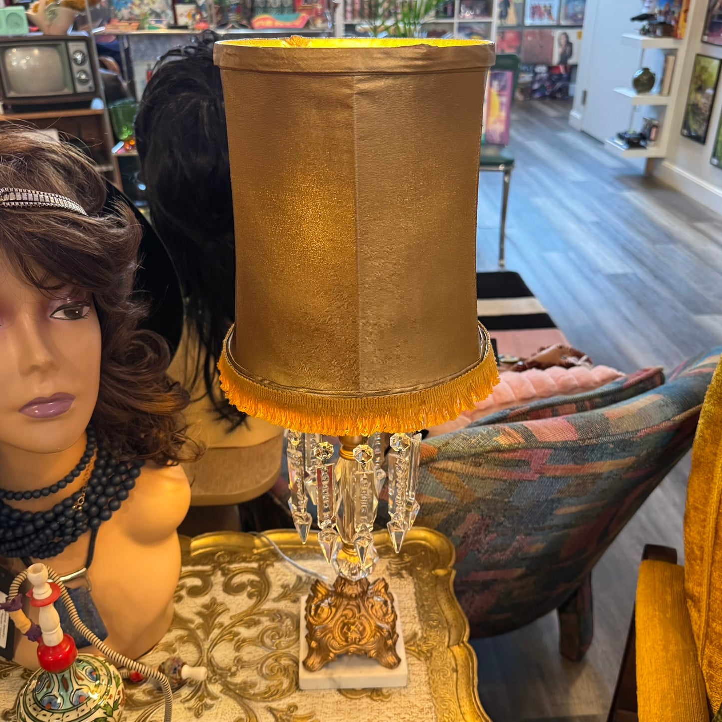 Mid-Century Modern Crystal Drop Marble Base Table Lamp