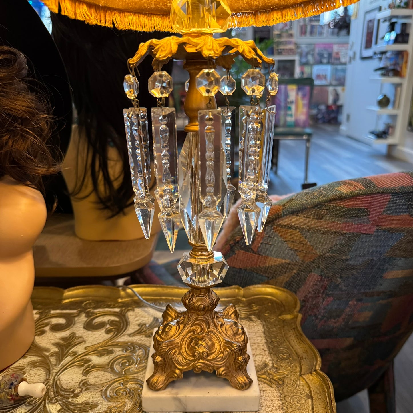 Mid-Century Modern Crystal Drop Marble Base Table Lamp
