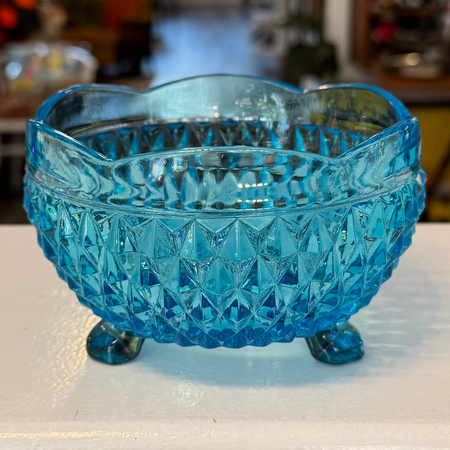 1980s Indiana Glass Tiara Diamond Point Blue 3 Footed Scalloped Bowl