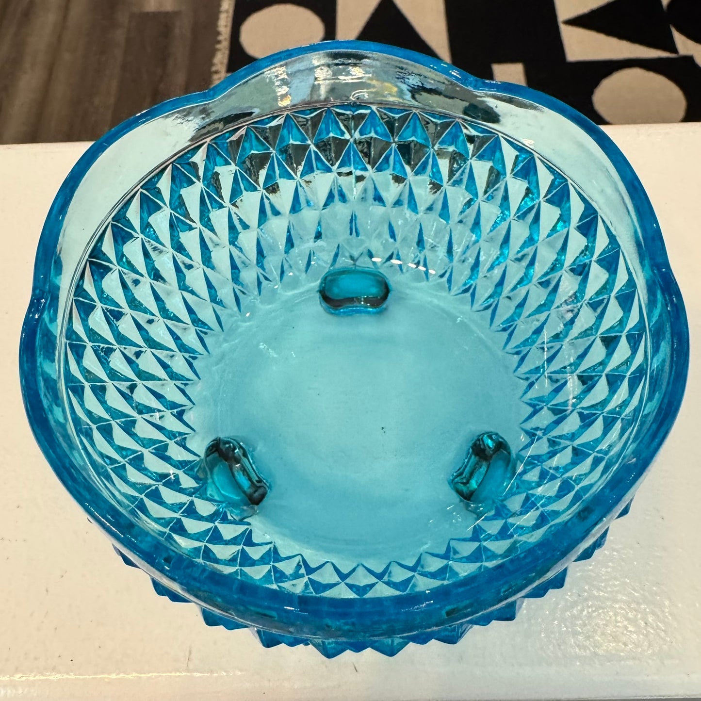 1980s Indiana Glass Tiara Diamond Point Blue 3 Footed Scalloped Bowl