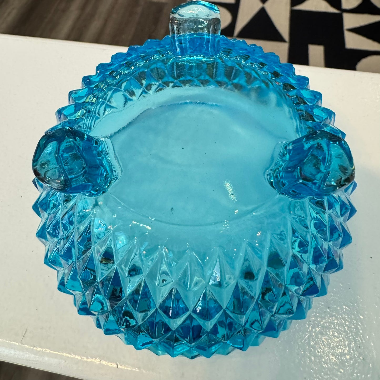 1980s Indiana Glass Tiara Diamond Point Blue 3 Footed Scalloped Bowl