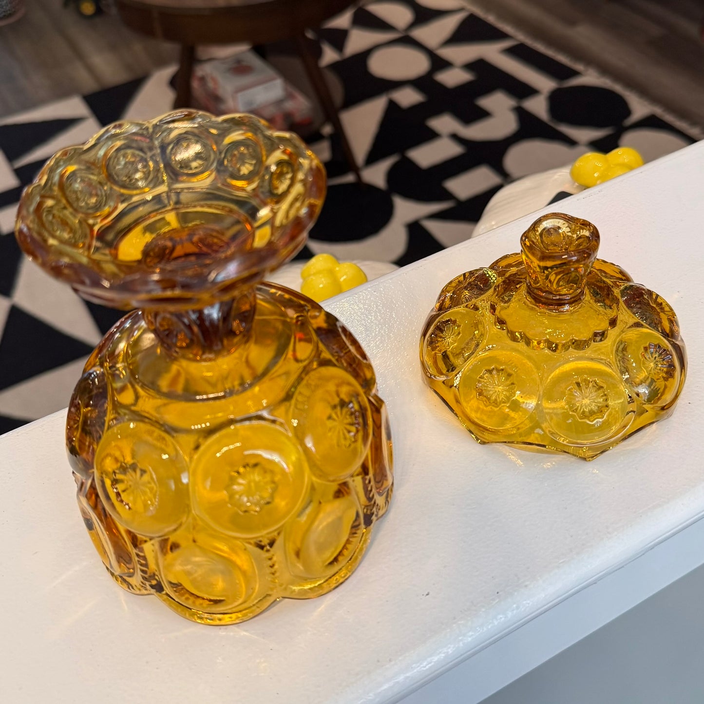 Vintage LE Smith Moon & Stars Amber Glass Pedestal Compote Covered Candy Dish
