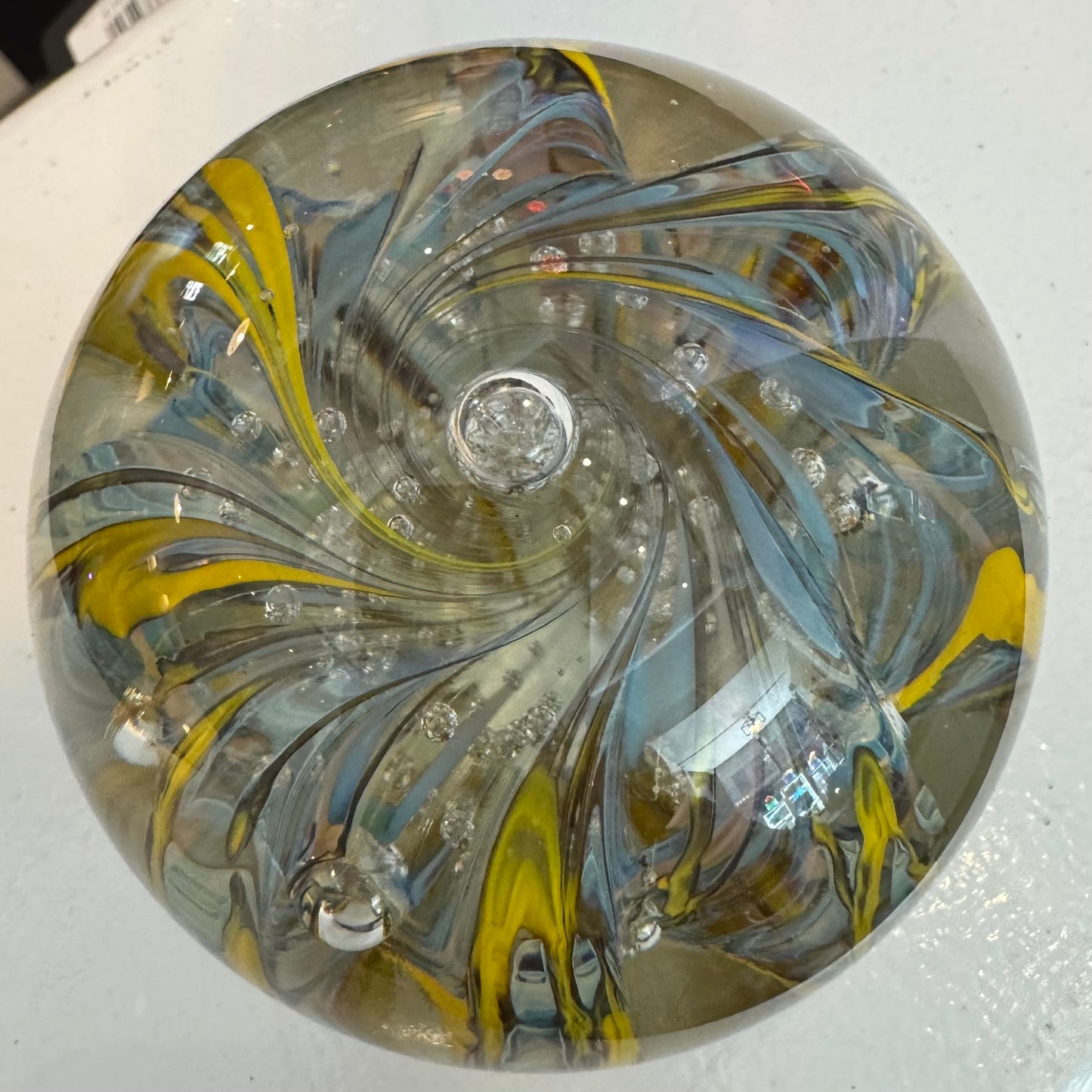 Vintage Art Glass Paper Weight Yellow Blue Bubbles