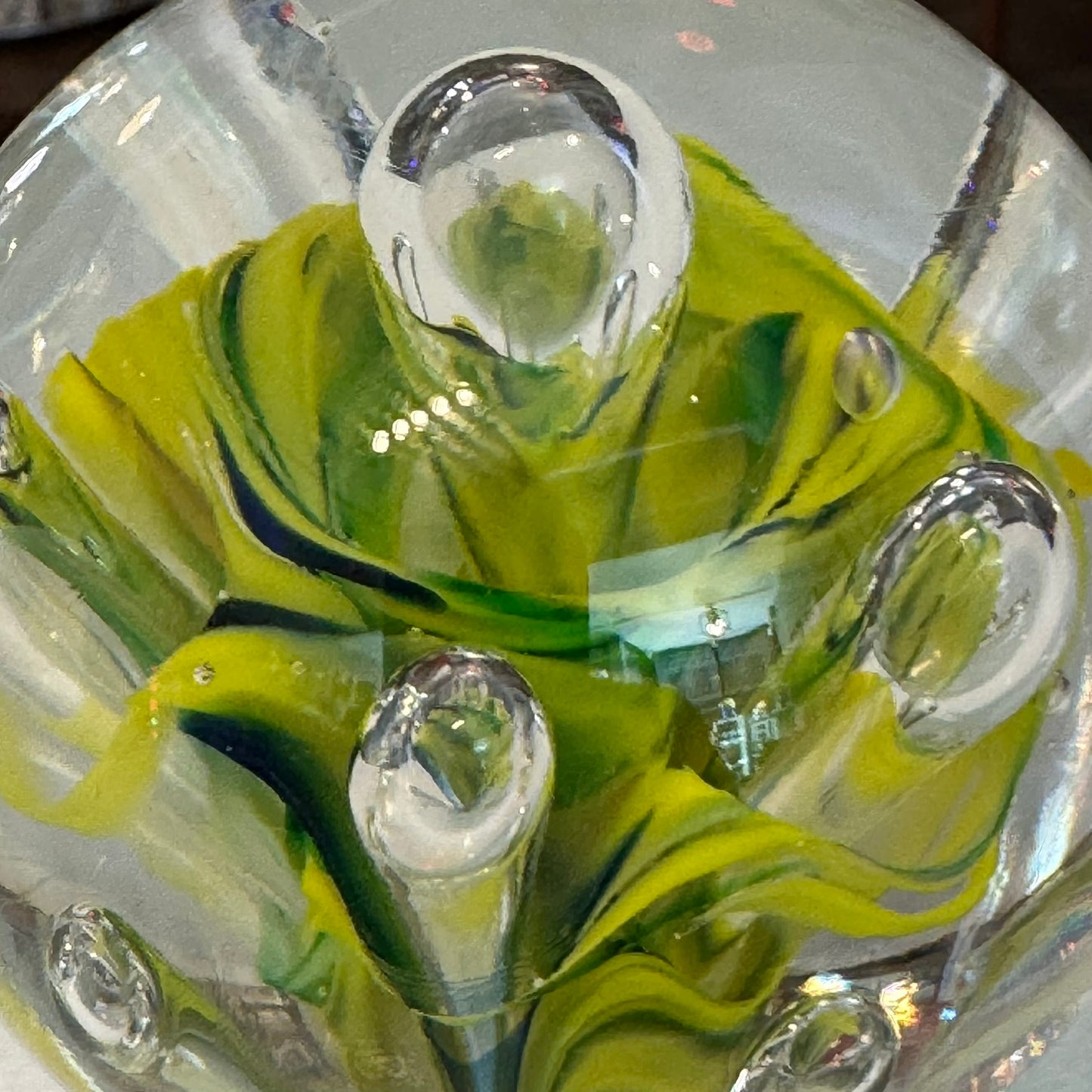 Vintage Art Glass Paper Weight Green Yellow Blue Bubbles