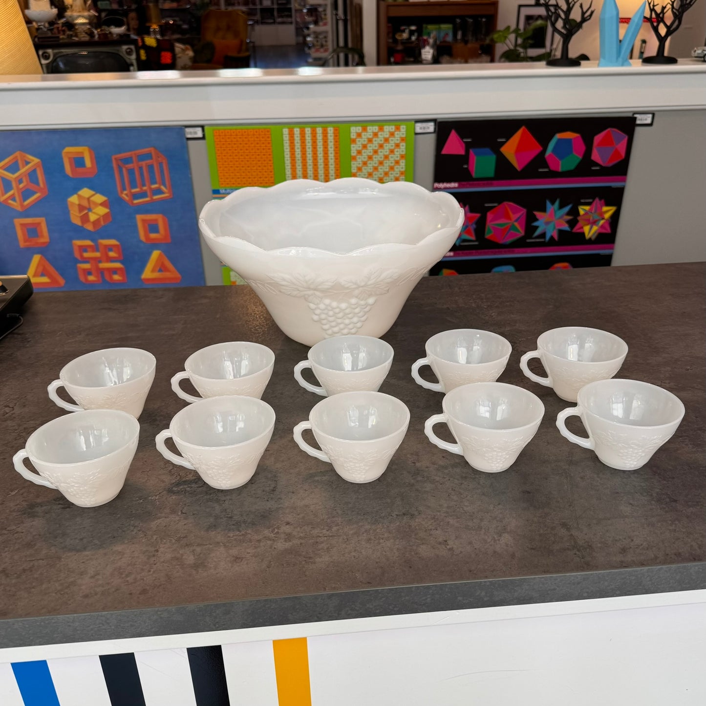 1950s Anchor Hocking Milk Glass Punch Bowl Set of 11