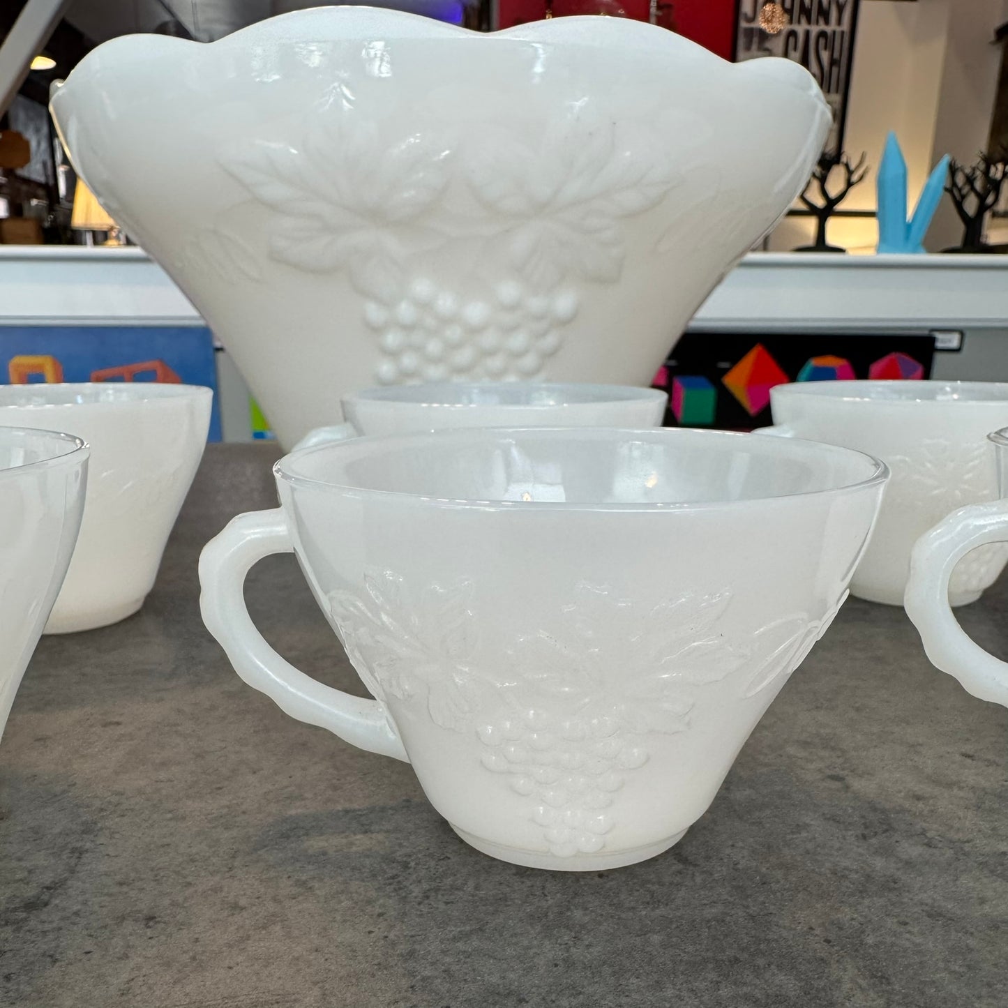 1950s Anchor Hocking Milk Glass Punch Bowl Set of 11