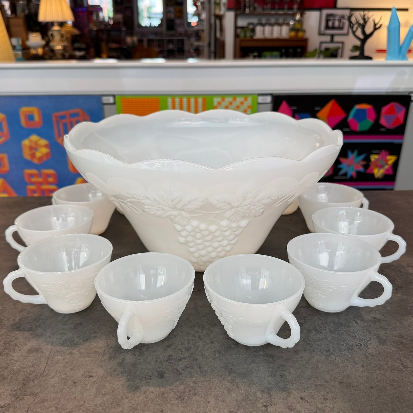 1950s Anchor Hocking Milk Glass Punch Bowl Set of 11
