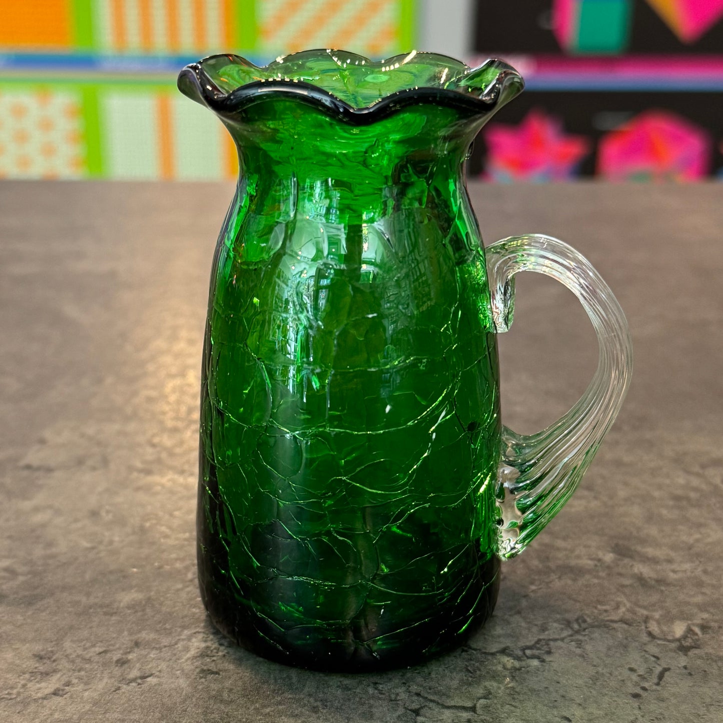 Green Art Glass Crackled Scalloped Pitcher 4"H