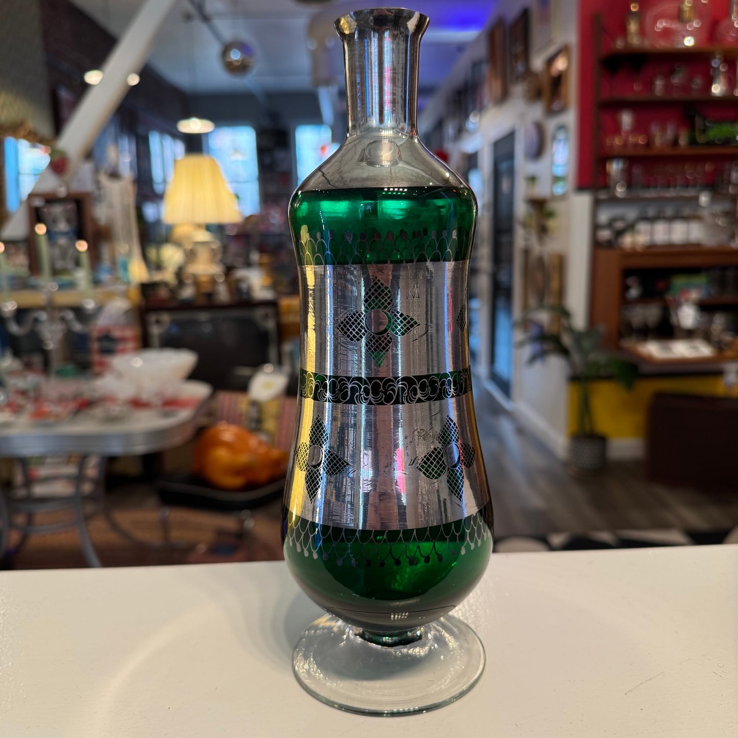 Emerald Green Glass and Silver Overlay Footed Decanter