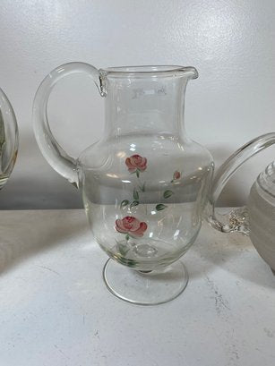 Hand Painted Roses Glass Pitcher