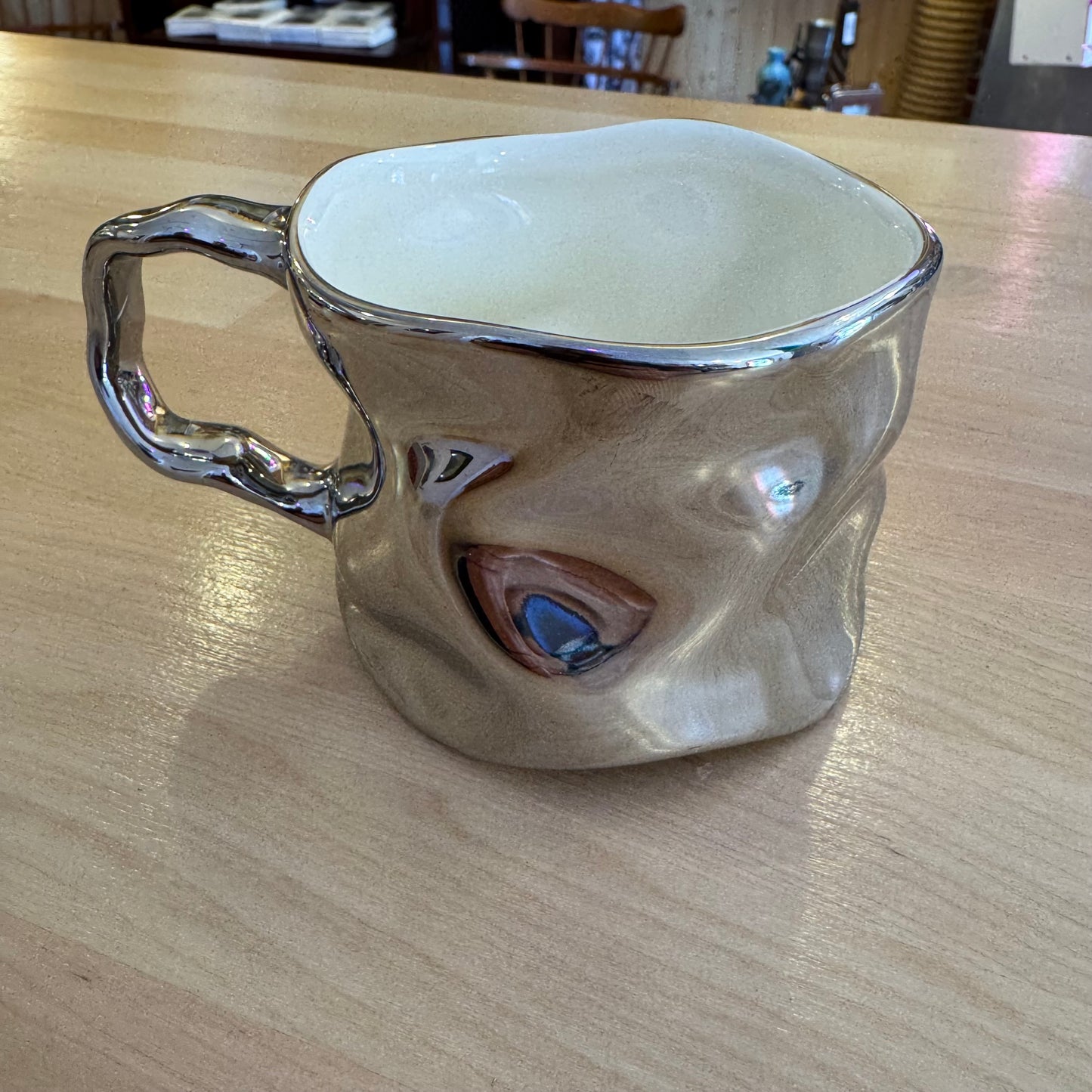 Vintage 1980s Chrome Silver "Crinkle" Mug – Mirrored Ceramic Coffee Cup