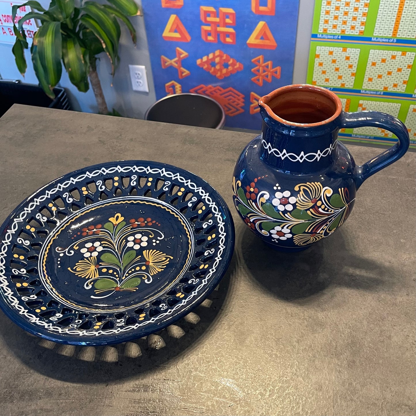 Pottery Pitcher and Platter Set