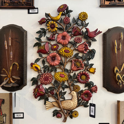 Large Vintage 1960s Syroco Floral & Songbird Wall Art Plaque (32" x 18")