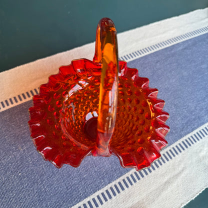 Vintage 1960s Fenton Style Orange Red Amberina Hobnail Glass Basket