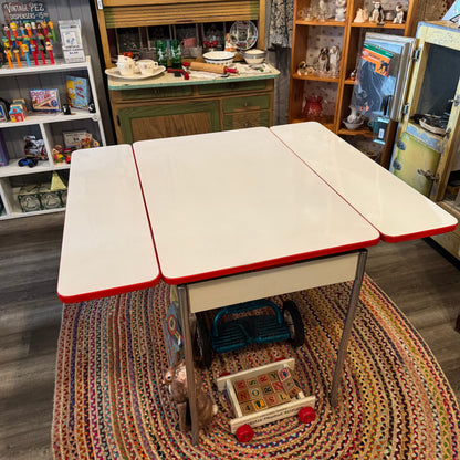 Red and White Enamel Kitchen Table with Drawer and Extensions