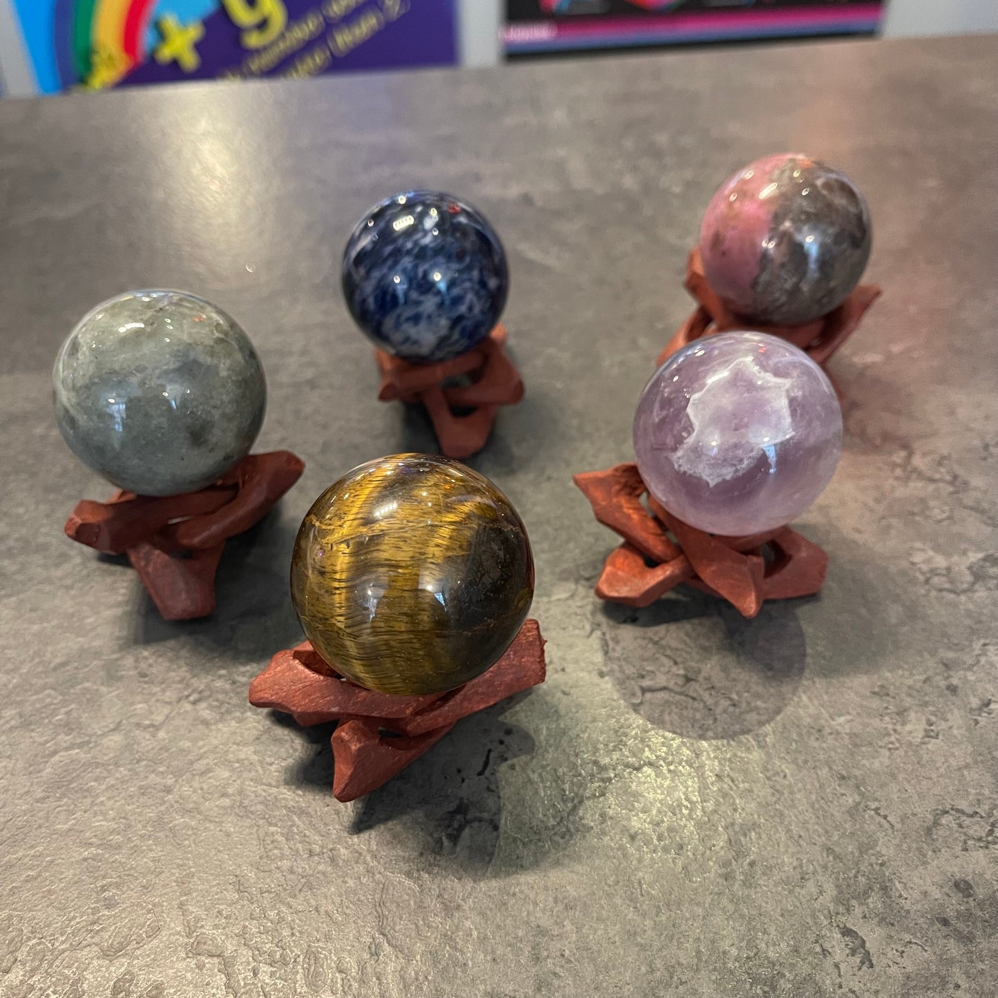 Crystal Spheres on Wooden Stands