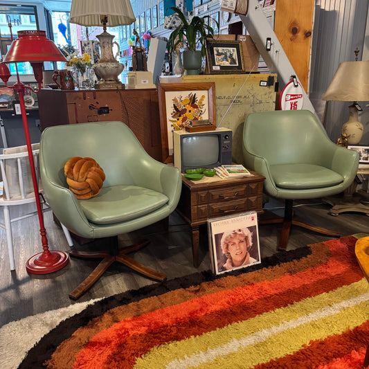 Pair of Mid-Century Modern Green Vinyl Swivel Armchairs with Teak & Steel Base