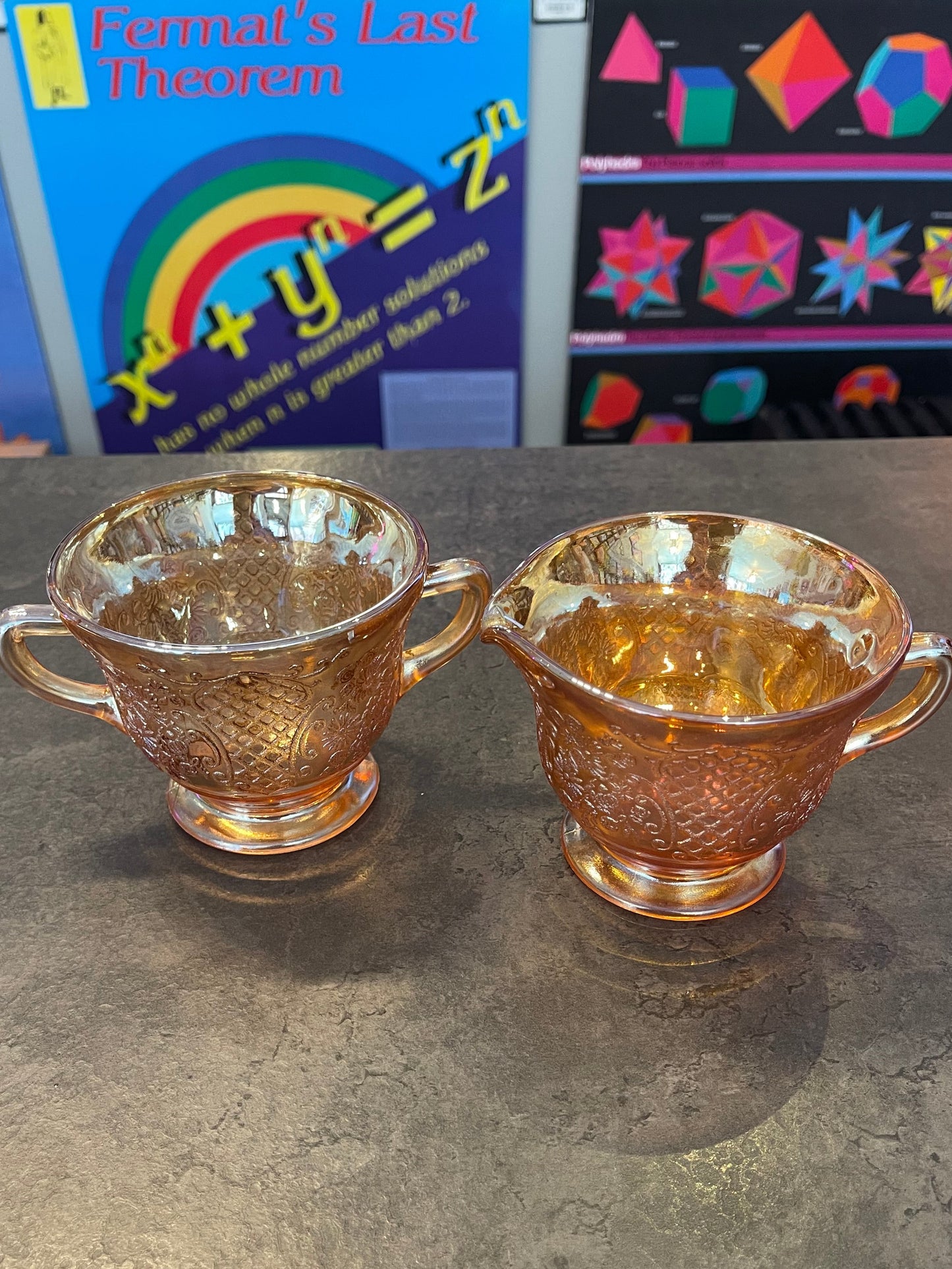 Marigold Carnival Glass Sugar and Creamer