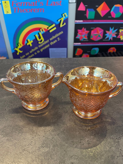 Marigold Carnival Glass Sugar and Creamer