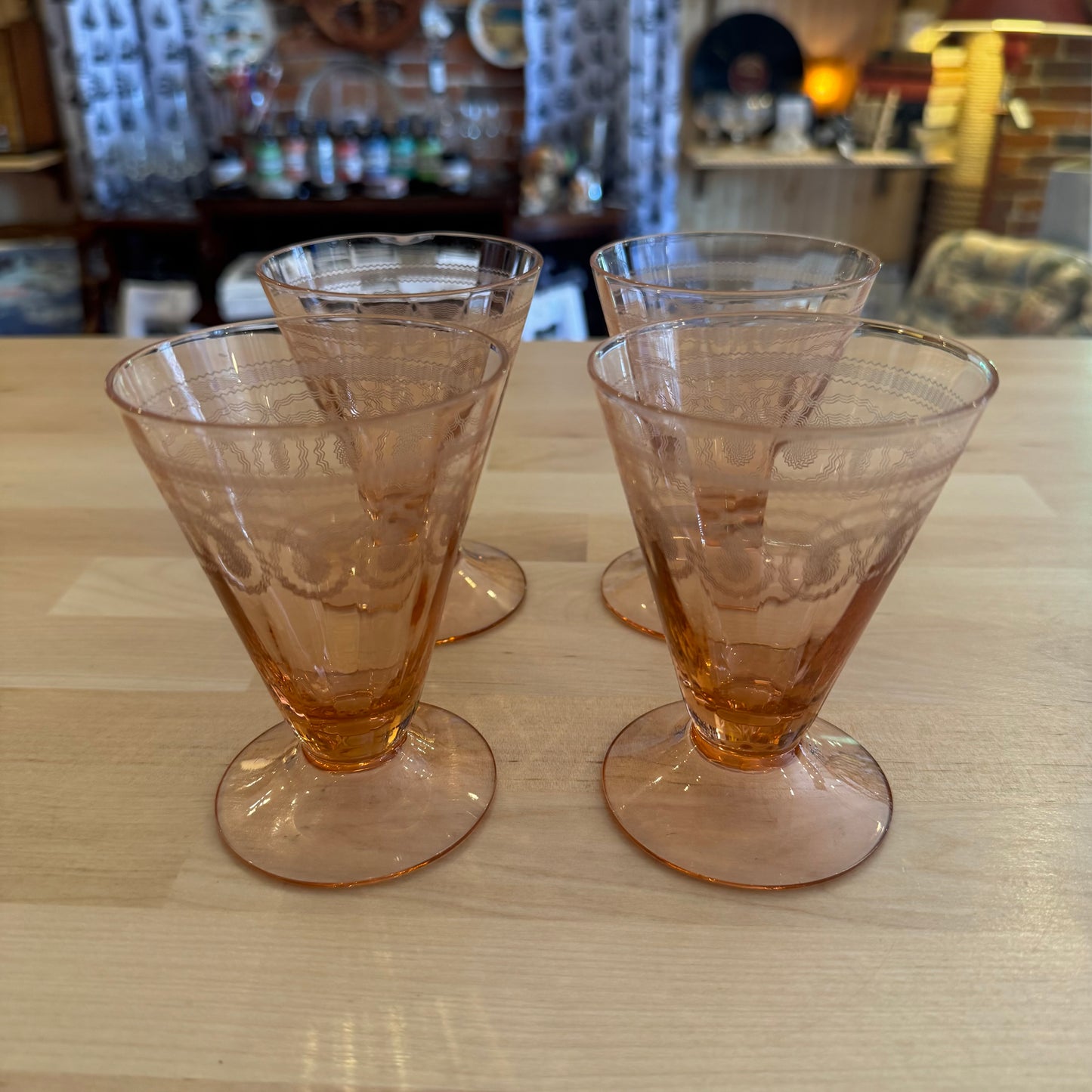 Set of 4 Vintage Pink Depression Glass Champagne Coupes / Sherbet Glasses