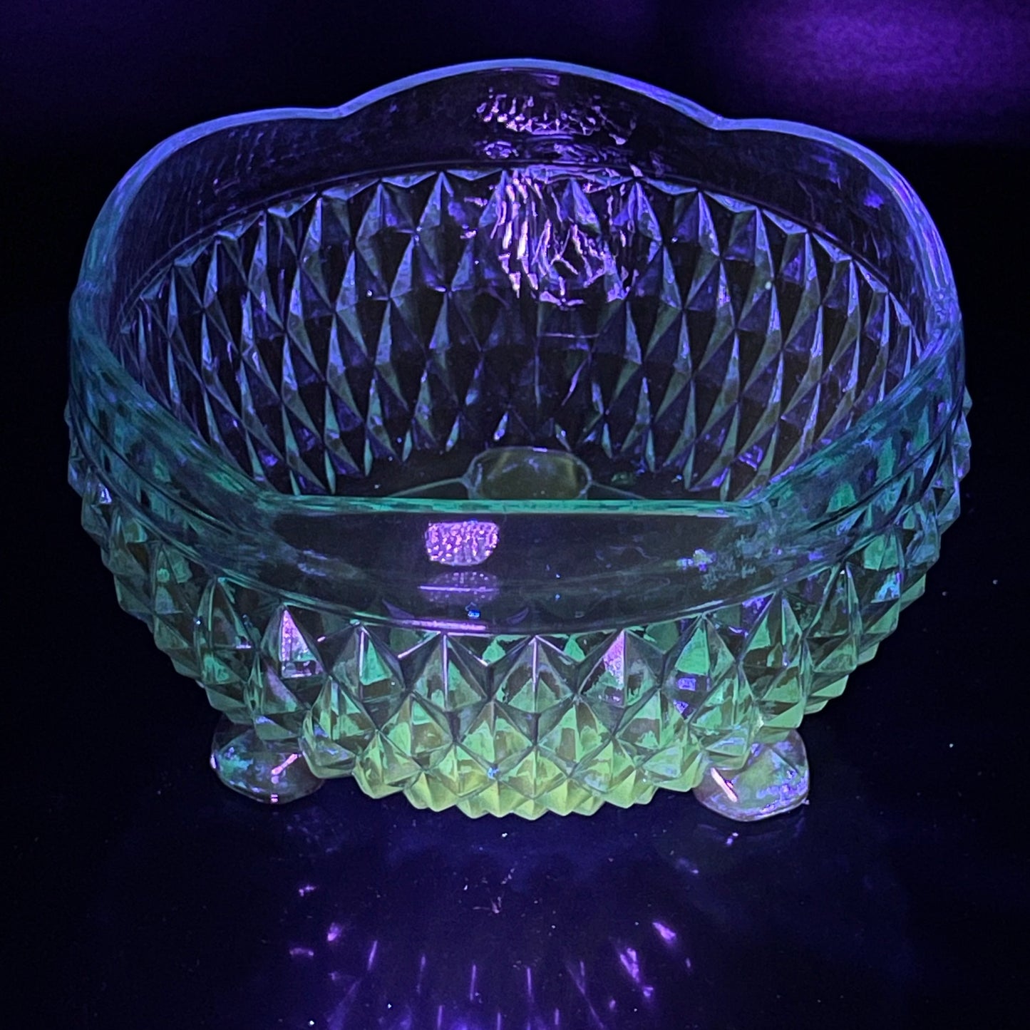 Indiana Glass Tiara Diamond Point Blue 3 Footed Scalloped Bowl