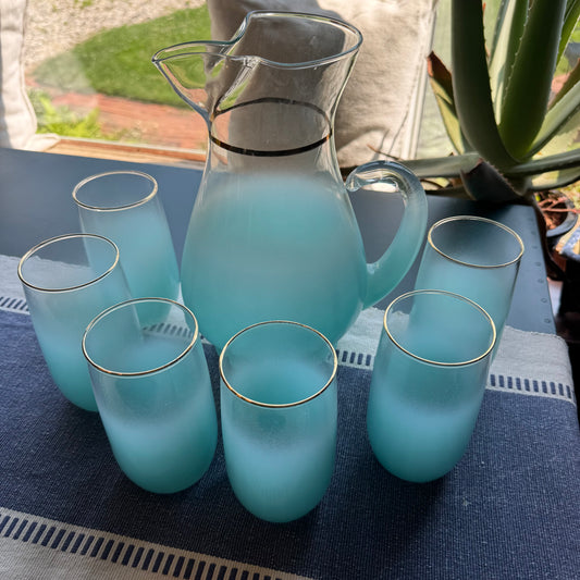 Vintage 1960s Blue Blendo Glassware Refreshment Set | Pitcher & 6 Tumblers