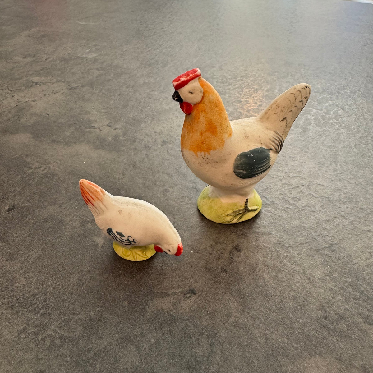 Porcelain Rooster and Chicken Figurines