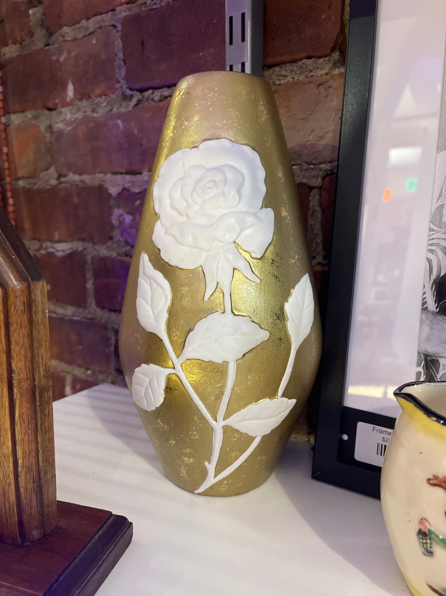 Gold Vase with White Roses