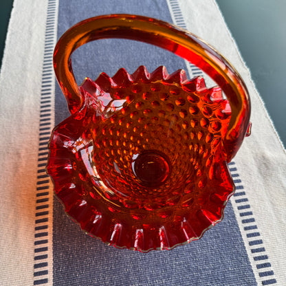 Vintage 1960s Fenton Style Orange Red Amberina Hobnail Glass Basket