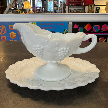 McKee Milk Glass Grape Pattern Gravy Boat and Underplate Set