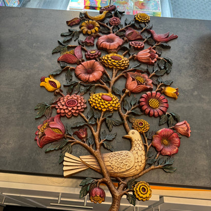 Large Vintage 1960s Syroco Floral & Songbird Wall Art Plaque (32" x 18")
