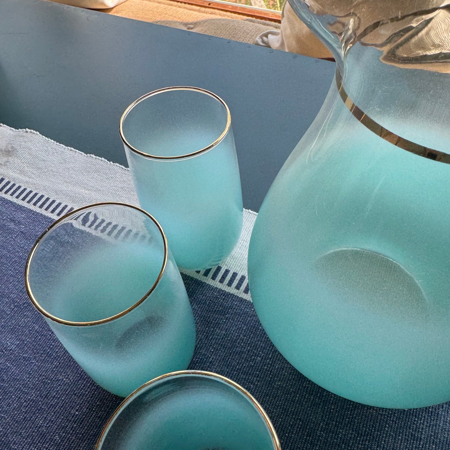 Vintage 1960s Blue Blendo Glassware Refreshment Set | Pitcher & 6 Tumblers