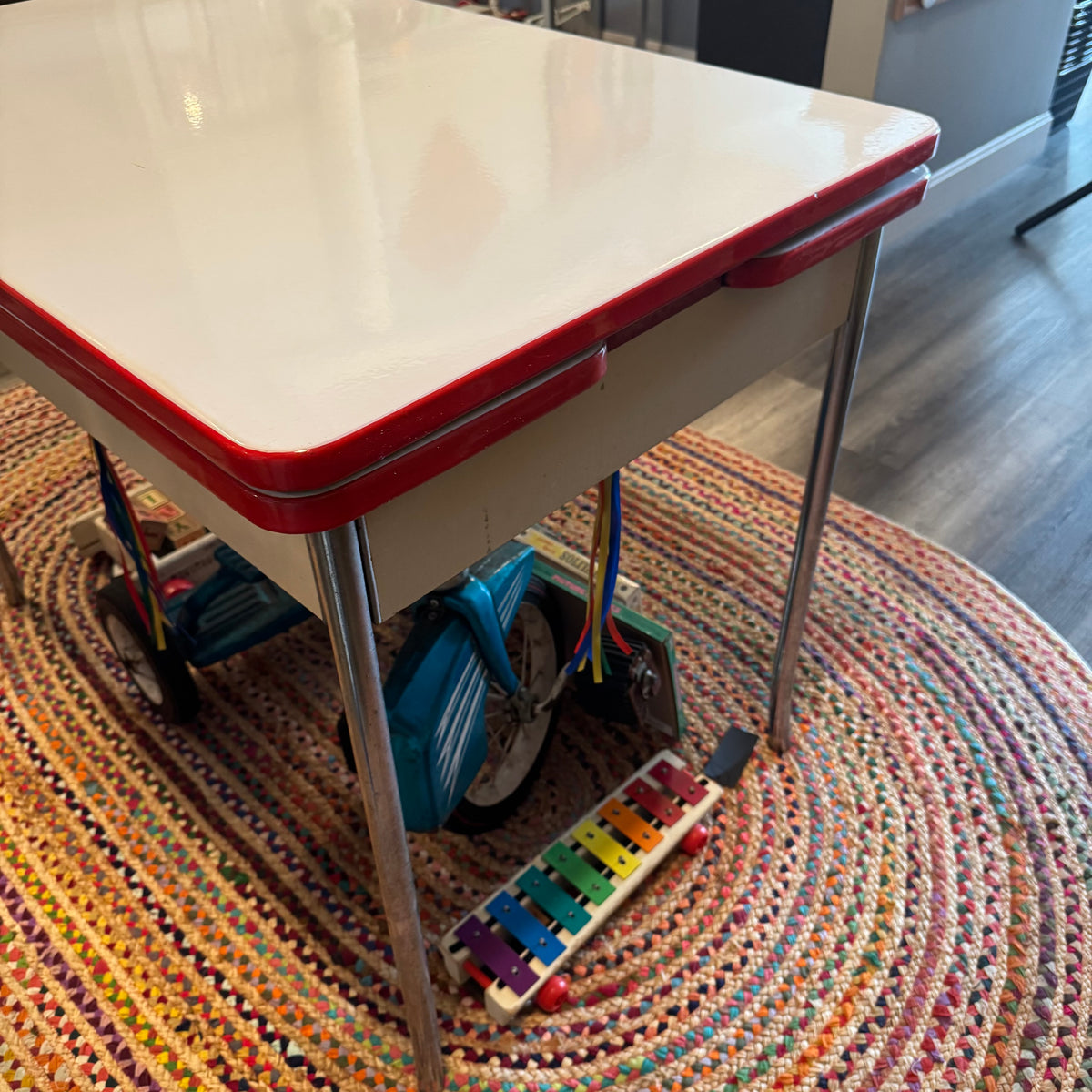 Red and White Enamel Kitchen Table with Drawer and Extensions