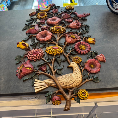 Large Vintage 1960s Syroco Floral & Songbird Wall Art Plaque (32" x 18")
