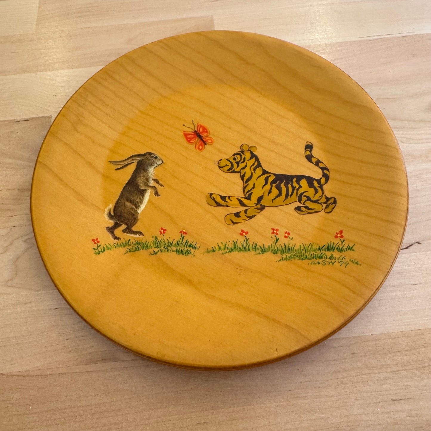 Set of 2 Vintage Hand-Painted Wooden Children's Plates