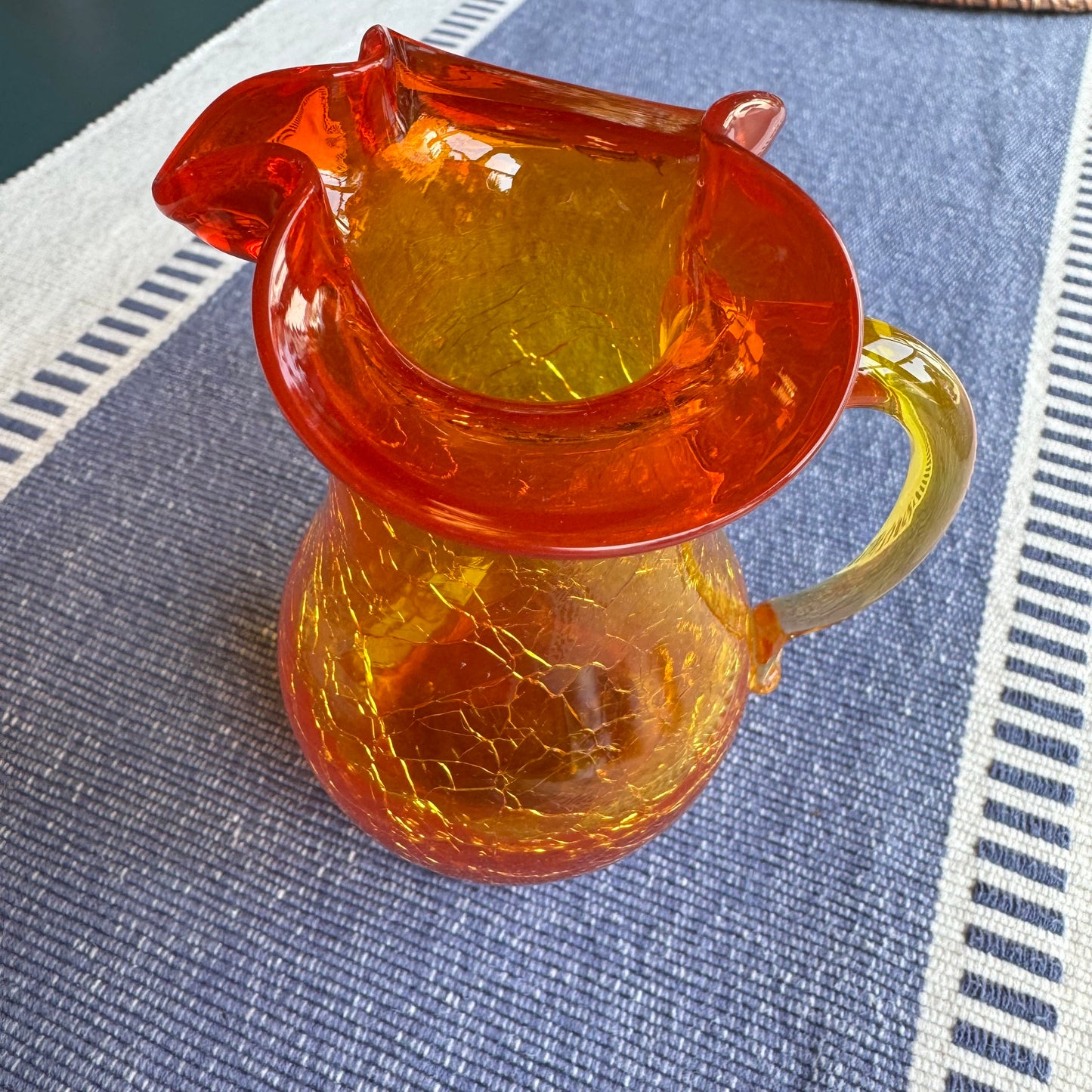 Hand-Blown Red & Yellow Amberina Crackled Glass Creamer Ruffled Top