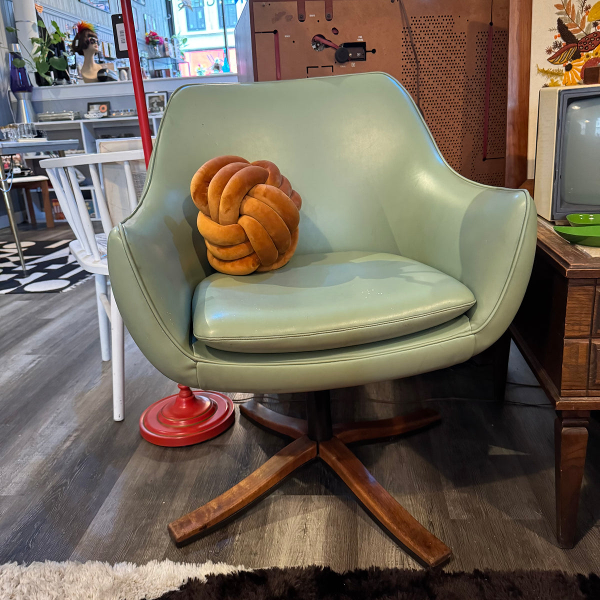 Pair of Mid-Century Modern Green Vinyl Swivel Armchairs with Teak & Steel Base