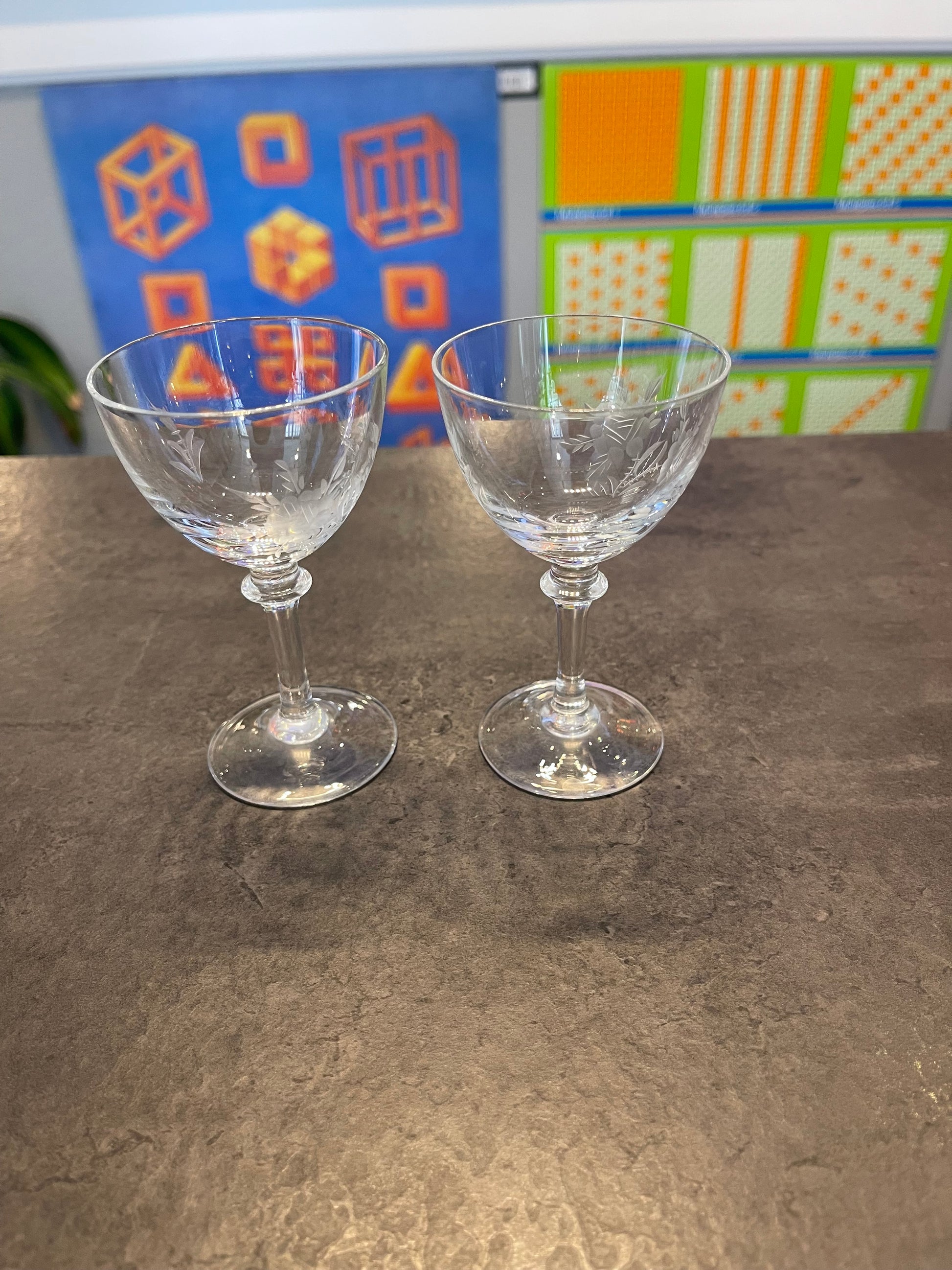 Set of 2 Rose Etched Cordial Glasses